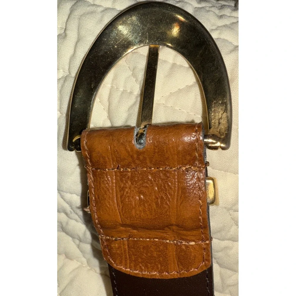 Genuine Leather Belt Medium Italy Made Crocodile Pattern Brown Gold‎  Statement